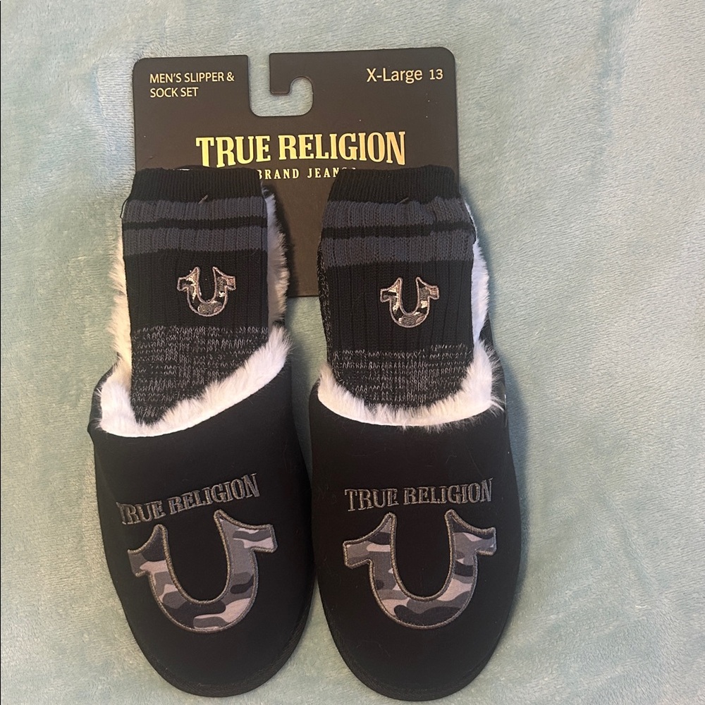 True Religion Black and Gray Slip-On Loafers and Socks